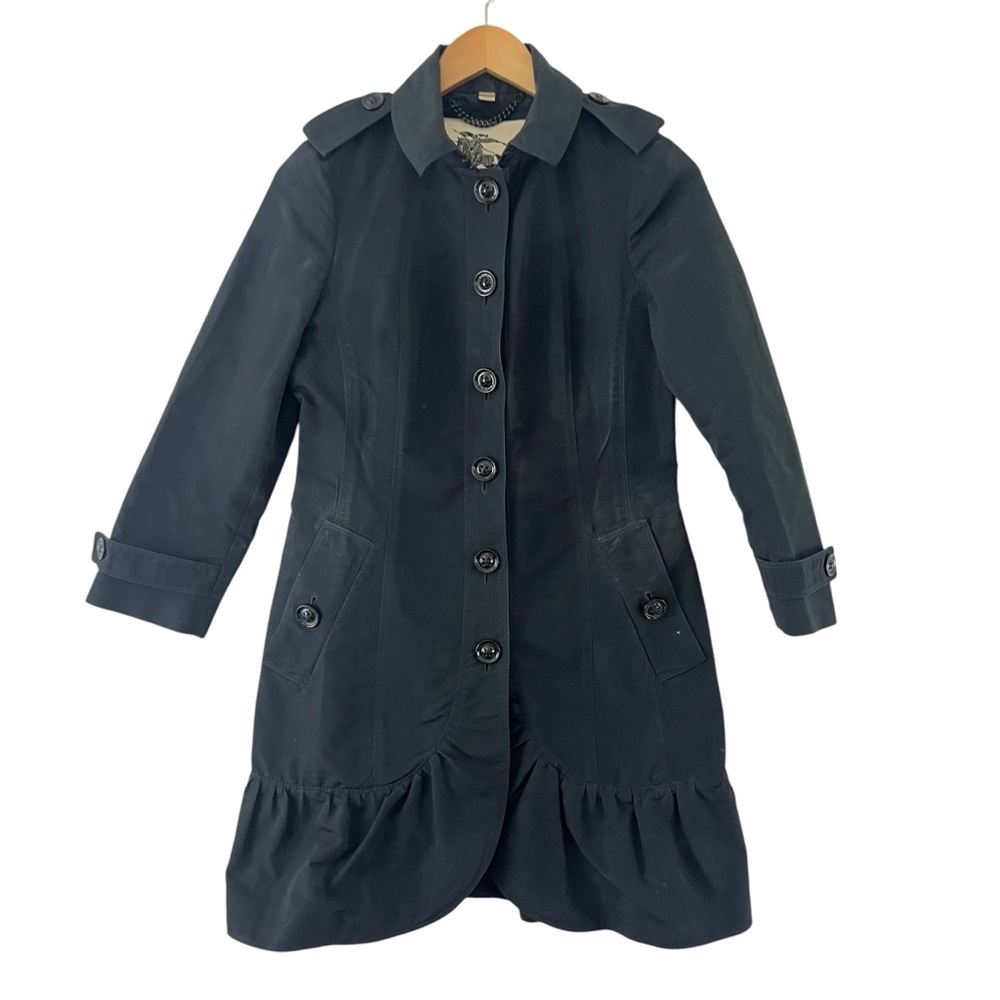 Burberry Black Ruffle Hem Trench Coat 3/4 Sleeves Size 4